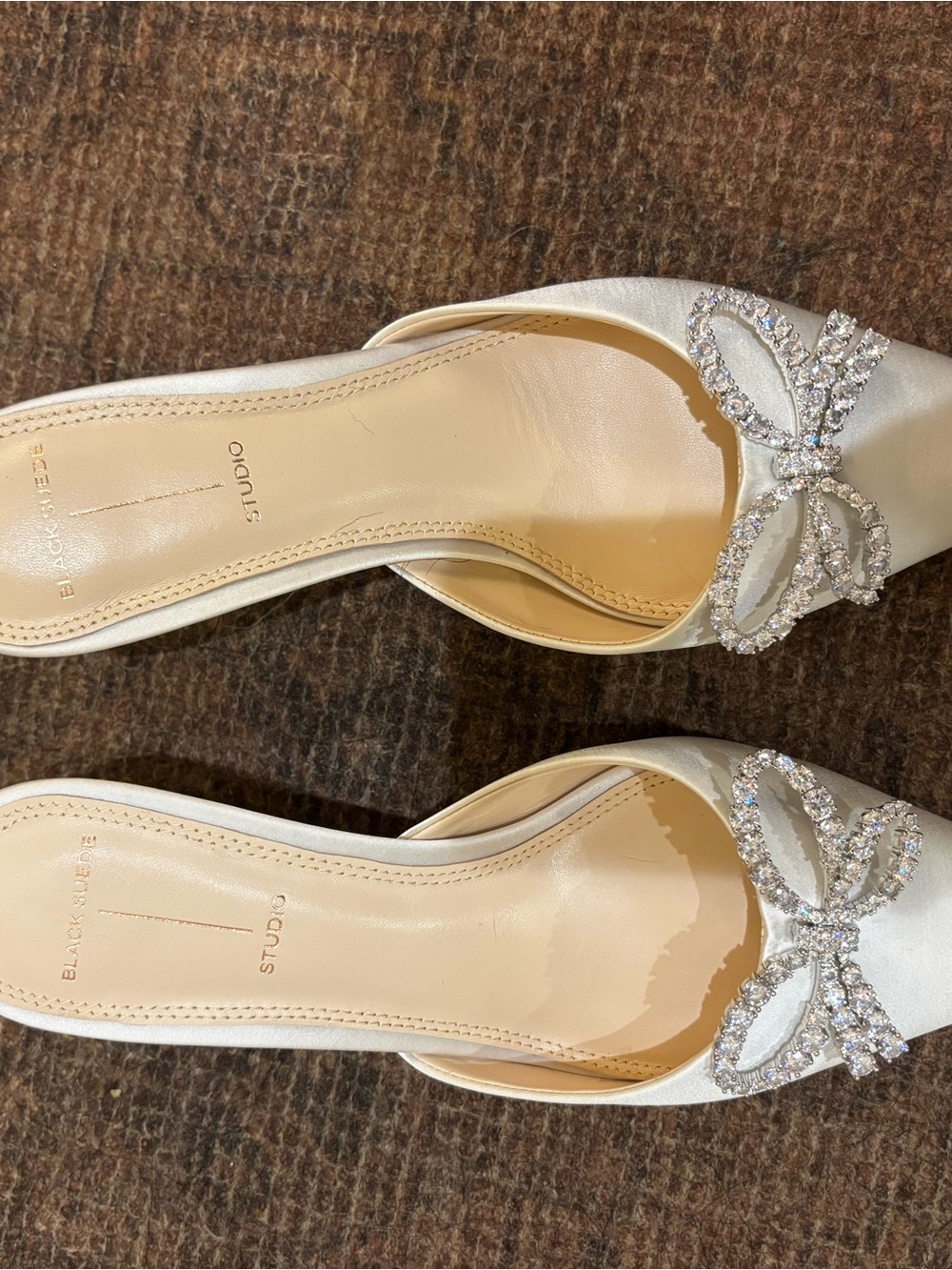 Ivory Satin Crystal Bow Slip-On Heels